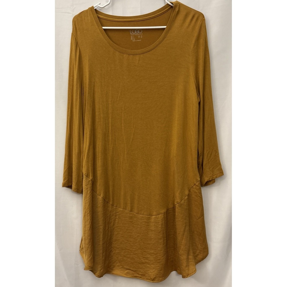 LOGO Lori Goldstein Tunic Top L Satin Look Hem Lagenlook Boho Romantic Relaxed